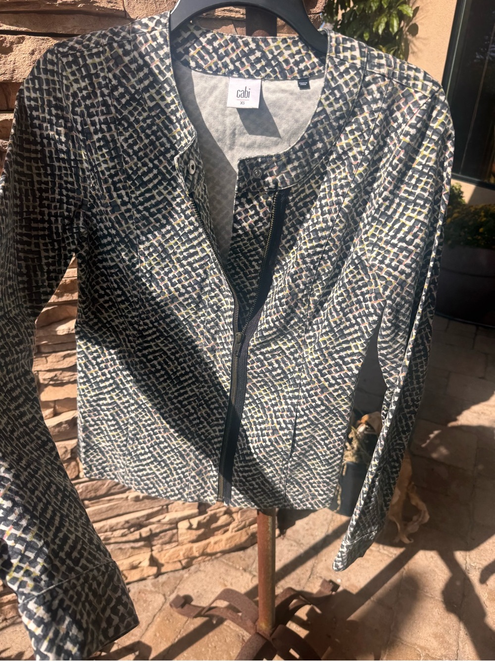 CAbi Black, White & Cream Patterned Zip Jacket